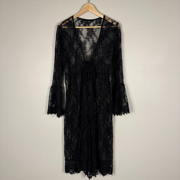 Vintage Y2K Black Lace Sheer Tie Front Bell Sleeve Duster Large Boho Cottage - Picture 1 of 5
